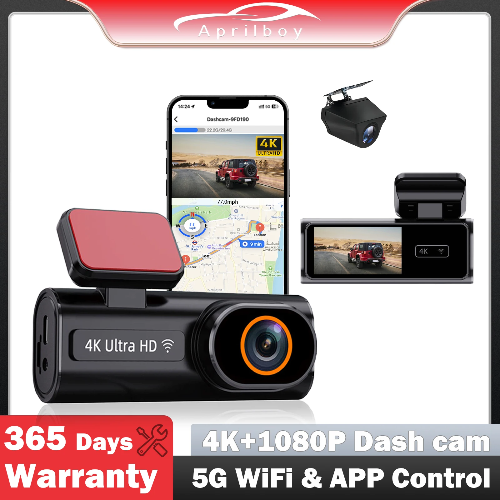 

Aprilboy 4K Dash Cam UHD Car Camera Built-in 5.8Ghz WiFi Record Car DVR 24H Parking Monitor WIFI APP Control Super Night Vision