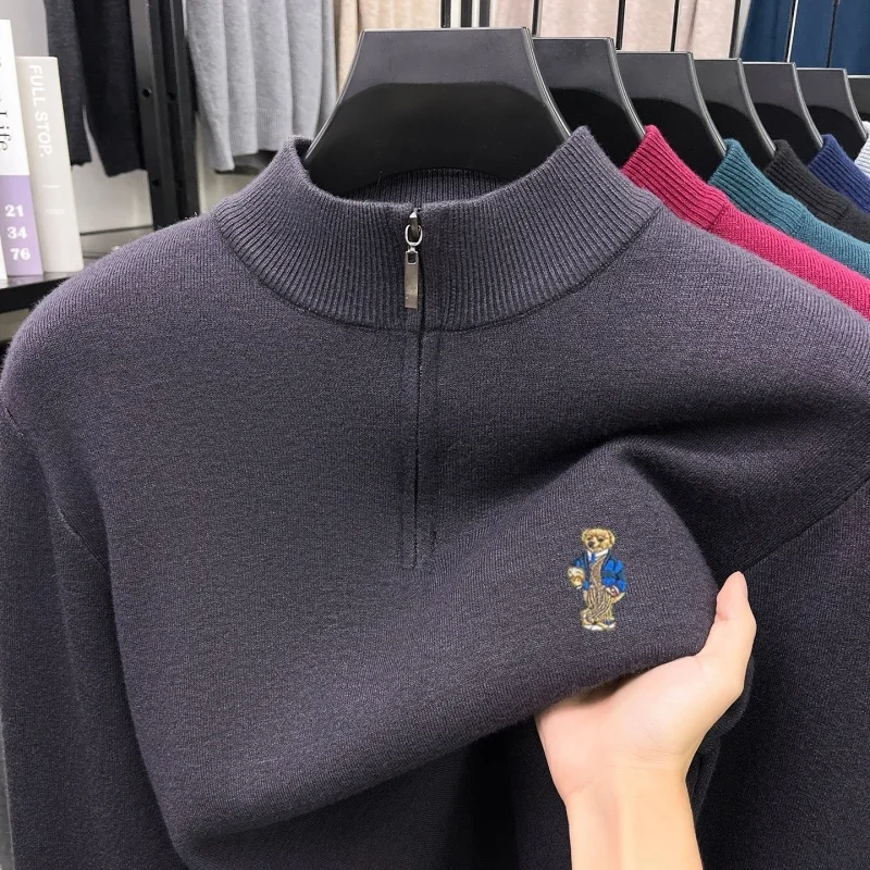 Spring Autumn New Men's Pullover Sweater Bear Embroidery Luxury Business Half-Zip Design Simple Stylish British Style Men's Tops