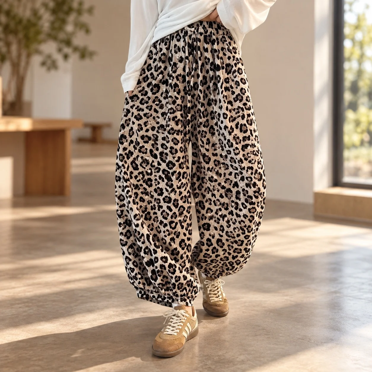 Leopard Print Loose Fit Pants High Waist with Cropped Drawstring Private Celebrity Style European and American Style Women Pants
