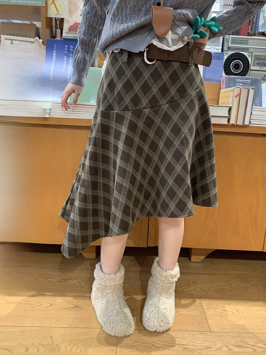 

Винтажная юбка миди Sinbounboun с высокой талией, в стиле пэчворк, А-силуэт, в клетку, асимметричная, повседневная, женская