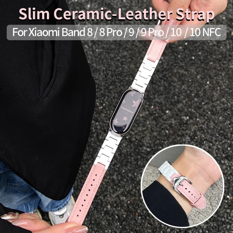 Slim Ceramic‑Leather Bracelet for Xiaomi MiBand 10 9 8 Ladies Classic Replacement Strap for Huawei GT 6 5 4 20mm 18 22 Wristband