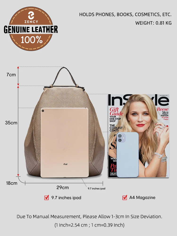 Zency Women Stylish Classic Backpack Khaki Genuine Leather Knapsack Satchel Purse Roomy with Pockets Fit A4 Ipad 9.7'' Rucksack image 3