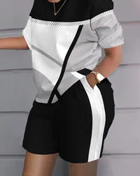 Conjunto de dos piezas de manga corta informal para mujer, traje de mujer con estampado de letras y bolsillo, camiseta para mujer, pantalones cortos, conjunto de 2 piezas 2023