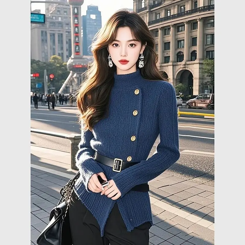 

Knitted Pullovers Women Tops Autumn and Winter Thicken Button Half High Collar Waist Belted Top Slim Blue Sweater For Women 3421