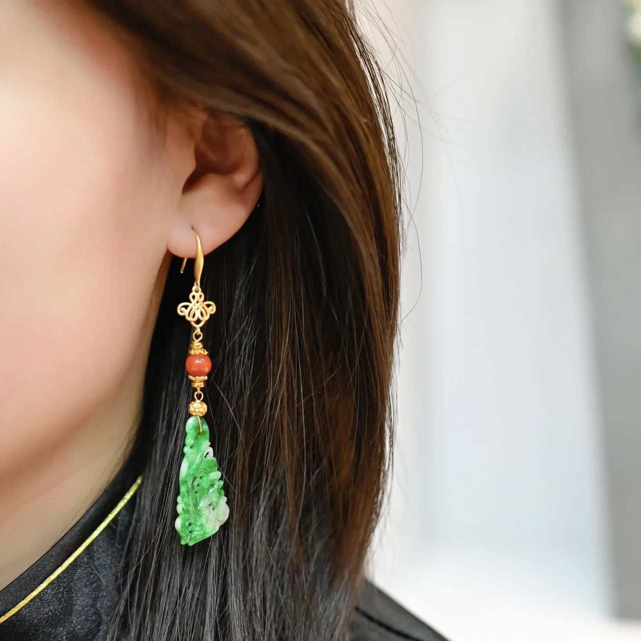 A-Grade Intense Green Phoenix Jade Earrings, Nanhong Agate S925 Gold Plated, Chinese Luxury Style Gemstone Jewelry Gift