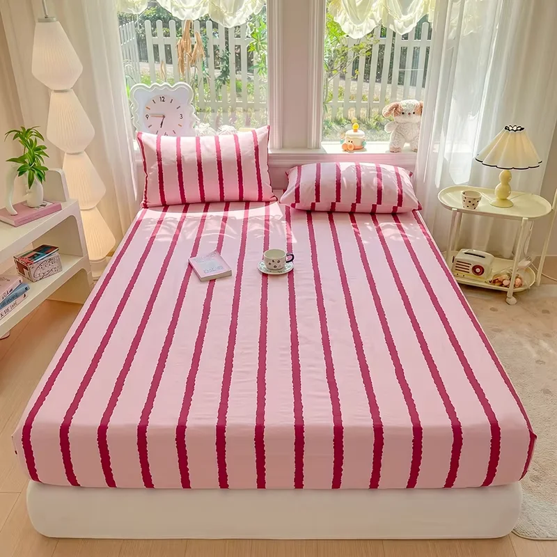 1pc Pink Blue Striped Fitted Sheet Deep Pocket Elastic Mattress Cover Single Double Queen King Bedroom Decor For Girls Boys