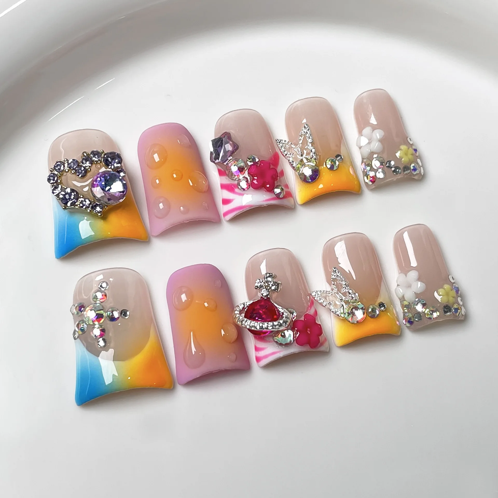 Handmade Duckbill Press on Nails Sweet French Love Rhinestone Design Fake Nail Tips Wearable European Spice Girls False Nails