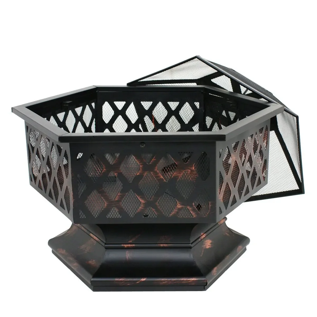 Hexagonal fireplace, outdoor backyard, barbecue grill, wood burning, firewood, campfire, heating stove