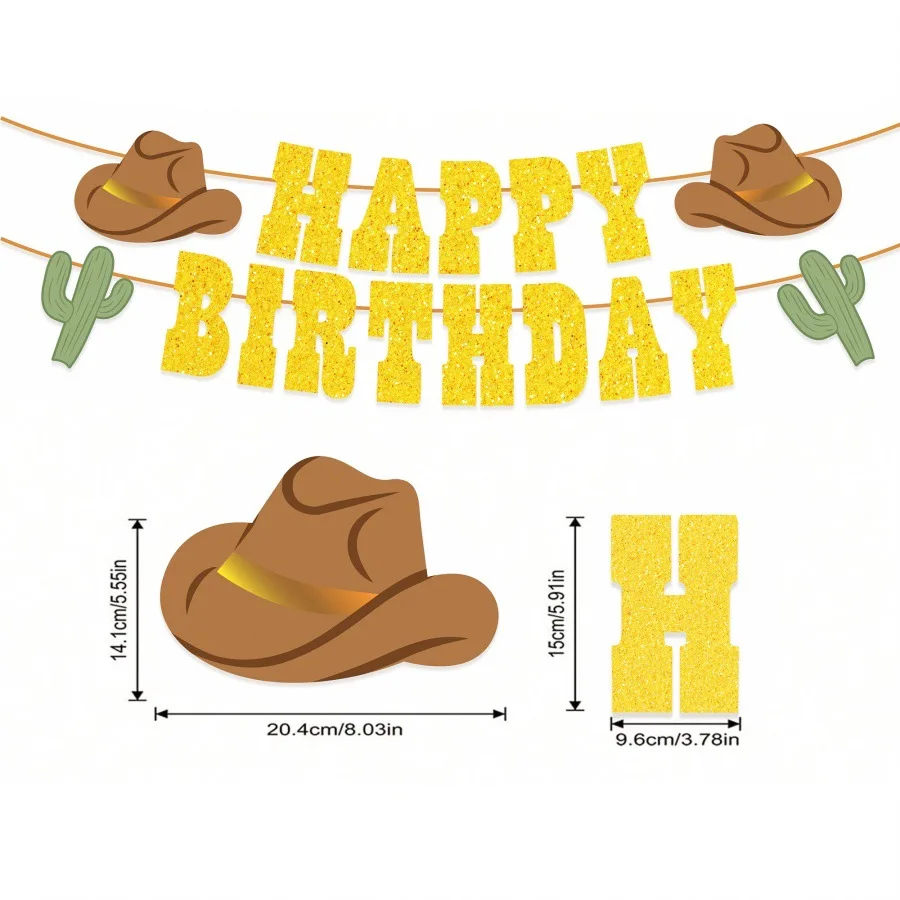 1 Set Western Cowgirl Cowboy Theme Glitter Happy Birthday Bunting Banner Garland for Boy Girl Birthday Party Decoration