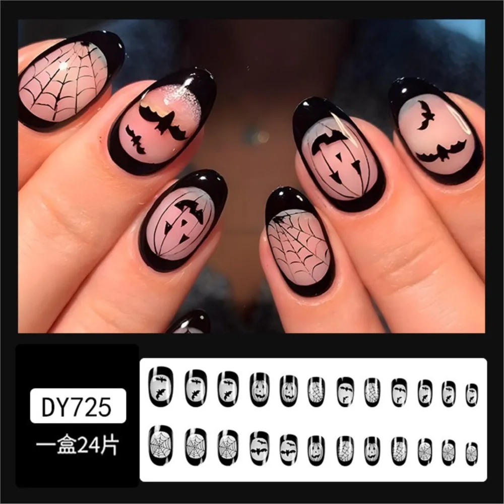 Press on Nails 24PCS Halloween Punk Style False Nails Pumpkin/Skull/Bat Short Detachable Fake Nails Fashion French Manicure Tool