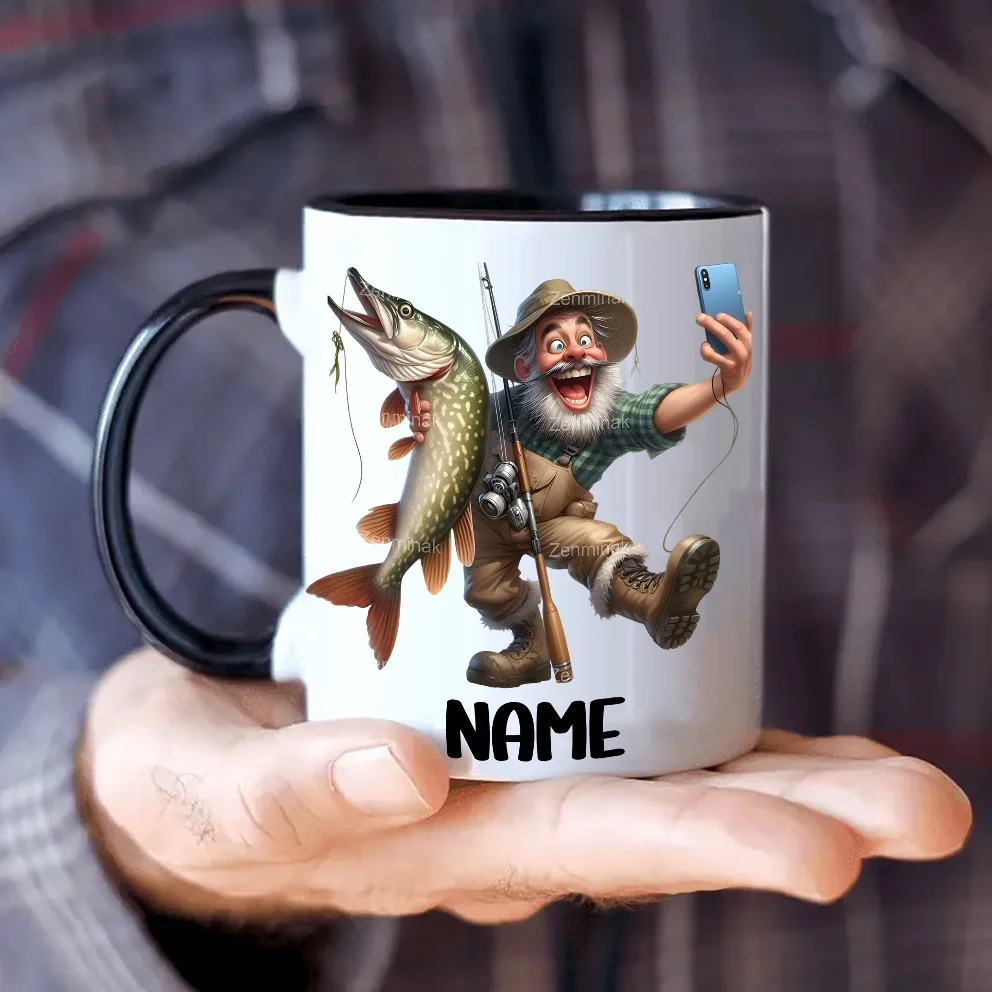 1 tasse en céramique personnalisée de 11 oz, nom et texte personnalisés, motif de pêche, cadeau parfait pour les amateurs de pêche