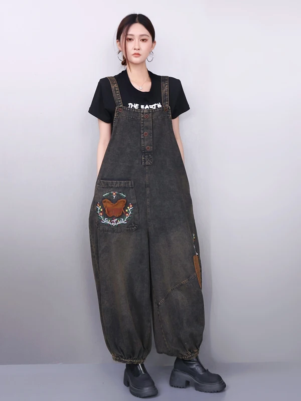 

Spring 2026 Women's Retro Embroidered Denim Overalls Casual Lantern Pants Loose Slimming Wide oulder Strap Cotton Blend Jeans
