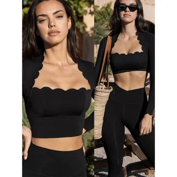 Preto quadrado pescoço apertado alta elástica magro yoga esportes mangas compridas moda calças de compressão fitness leggings treino collants