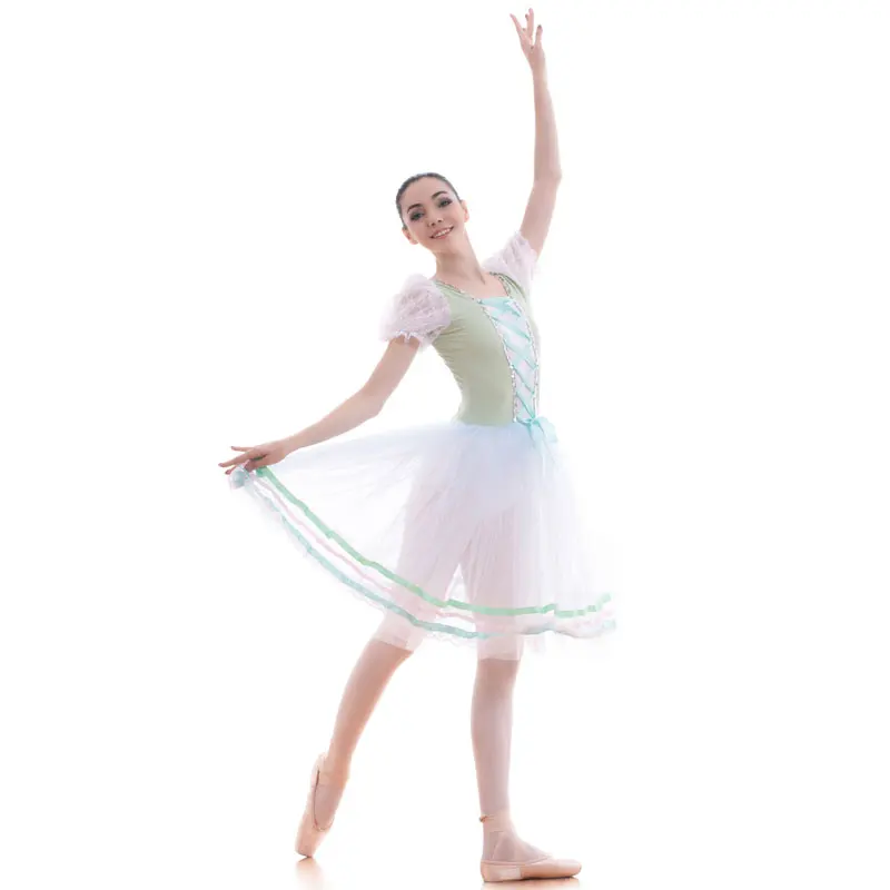 

18434 Light Green Short Sleeve Ballet Dance Tutu Costume Romantic Long Tutus for Girls and Women Dancing Dress