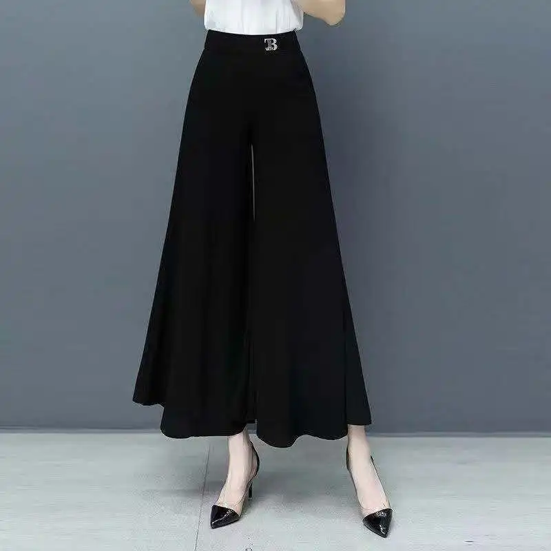 

Summer Chiffon Boot Cut Wide Leg Pants Women Trousers Office Ladies Work Ankle-Length Cropped Pants Female Bottoms Black
