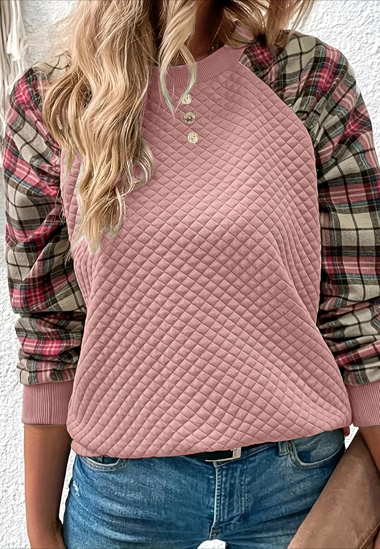 

Women's Autumn/Winter Fashionable Rhombus Checkered Patchwork Long Sleeve Round Neck Casual Sweatshirt