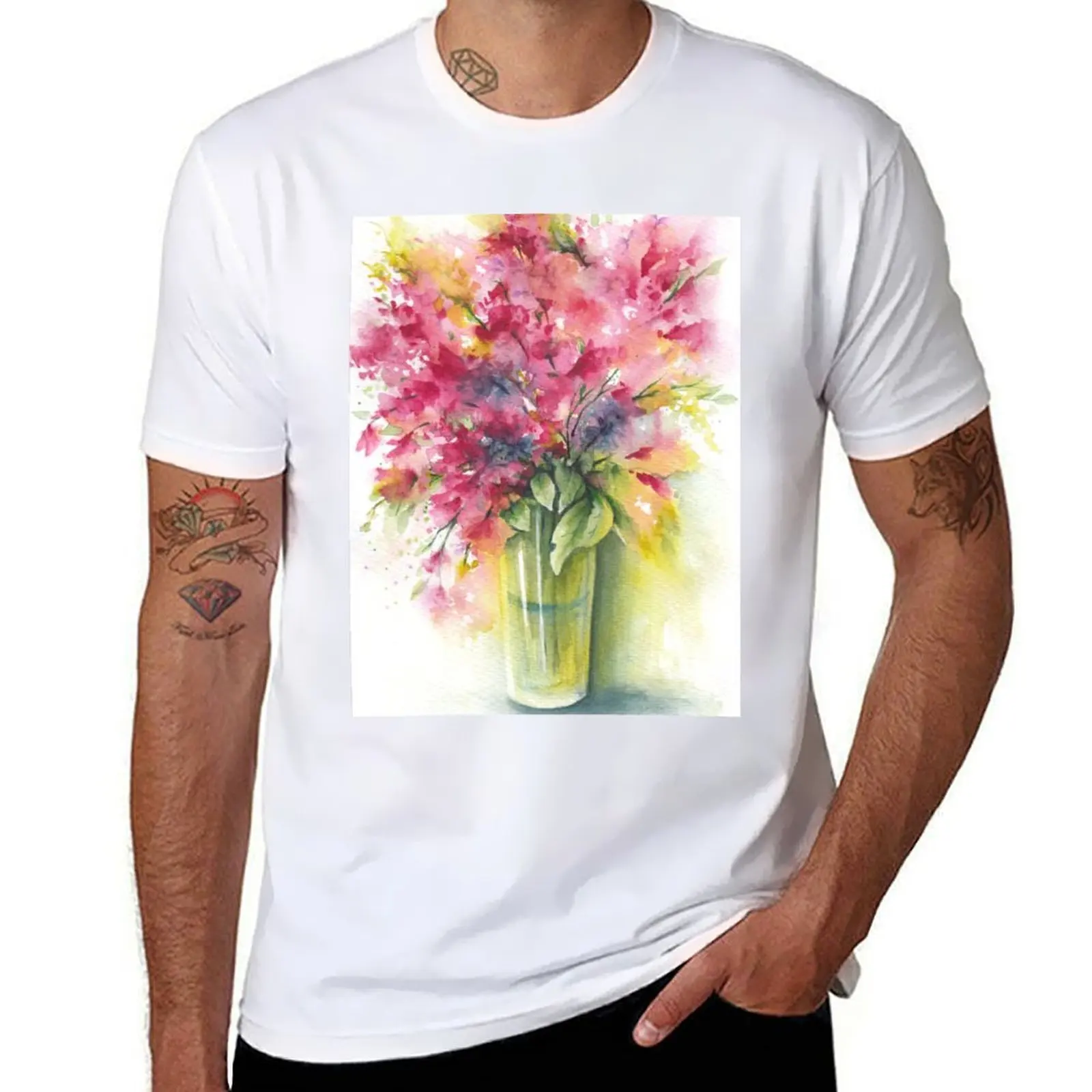 

Fantasy Flower - Watercolor in red and green T-Shirt cotton t shirts man 100% t shirt man luxury T-Shirt