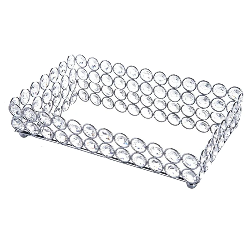 Crystal Rectangle Cosmetic Tray Jewelry Trinket Organizer Mirror Decorative Tray Perfume Skin Care Organizer(Silver)-A13G