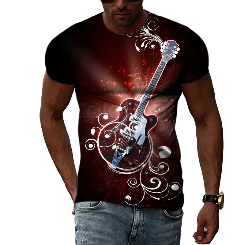 Summer Fashion Guitar Picture  T-Shirts For Men Casual 3D Print Tees Hip Hop Personality Round Neck Short Sleeve Tops