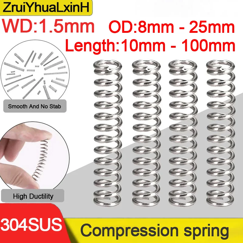 10 SZT. Sprężyny naciskowe medyczne 1,5 mm 304SUS - Odporny na korozję spiralny drut do zaworów endoskopowych i maszyn mleczarskich (Śr. zewn. 8-25 mm)