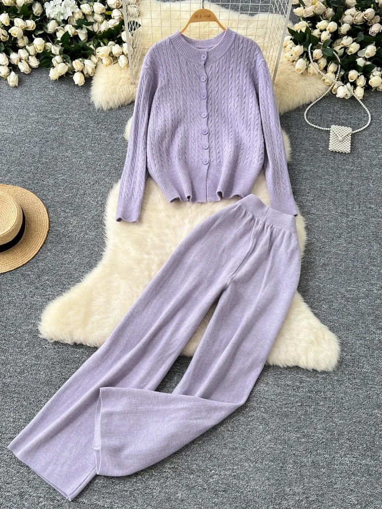 Autumn Winter Casual Cashmere Suits Women Long Sleeves Buttons Cardigan+High Waist Wide Legs Knitt Pants Loose Sweater 2PC Sets