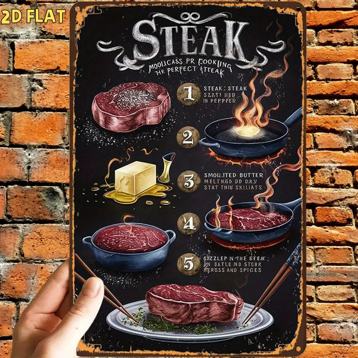 2D Flat, 1pc, Retro Steak Cooking Guide Poster Metal Iron Sign, Pre-Drilled Holes, Suitable for Indoor, Garden, Outdoor, Home, O