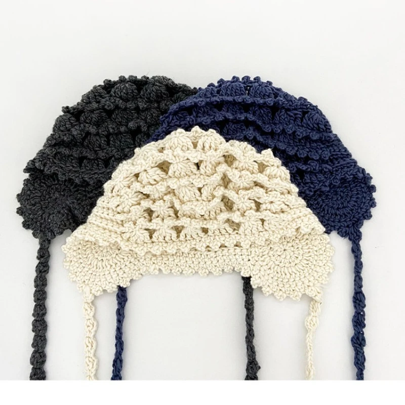 Koreanische handgestrickte einfarbige hohle Pullover-Mütze für Sommer und Herbst im Ethno-Stil, atmungsaktive Reise-Bombermütze für Damen – Detail 4