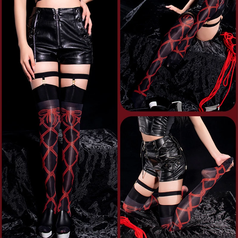 

Women Suspender Stockings High Waist Lace Stocking Sexy Lace Seamless Tights Bandage Printing With Garter