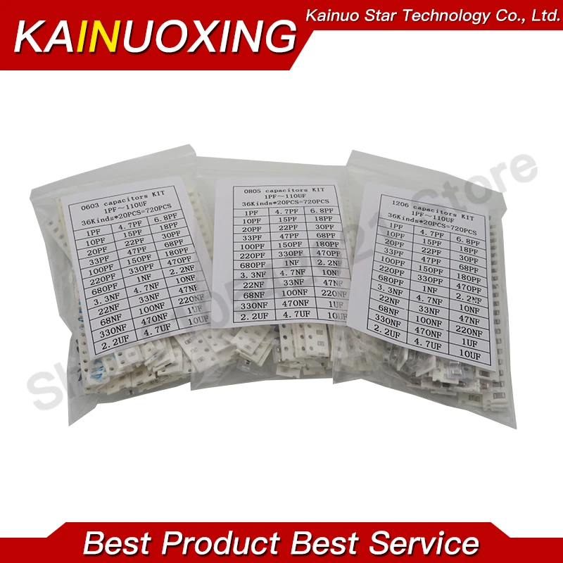 

320PCS 720PCS 2500PCS/Set SMD Capacitor Kit 0603 0805 1206 Assorted Kit 16/36/50Values 1PF ~ 1UF