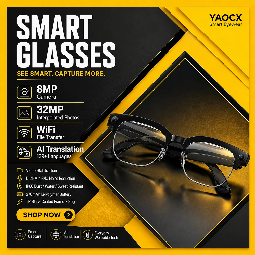 Wireless Smart Glasses 8MP Camera 32MP Photos WiFi Transfer Dual Mic ENC AI Translation 139+ Languages IP66 270mAh Battery