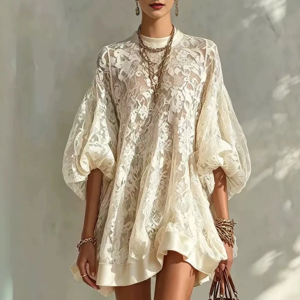 Damen Einfarbiges Blumen-Spitzen-Minikleid Herbst O-Ausschnitt Laternenärmel Mesh Transparente Lose Kleider Boho Casual Strand Urlaub Rüschenkleid
