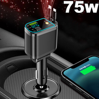 5 in 1 Retractable Car Charger 75W Fast Charging 12-24V Voltage Digital Display Dual Cables for IPhone & Android