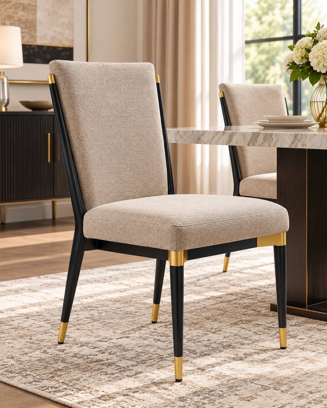 Modern Armless Dining Chairs Set of 2, Upholstered Black and Brown Kitchen Side Chairs with Gold Accents and Iron Frames