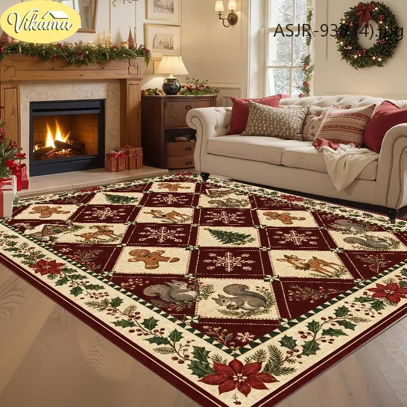VIKAMA Christmas Living Room Rug Vintage Snowman Reindeer Xmas Tree Design Anti Slip Carpet For Bedroom Dining Room Decoration