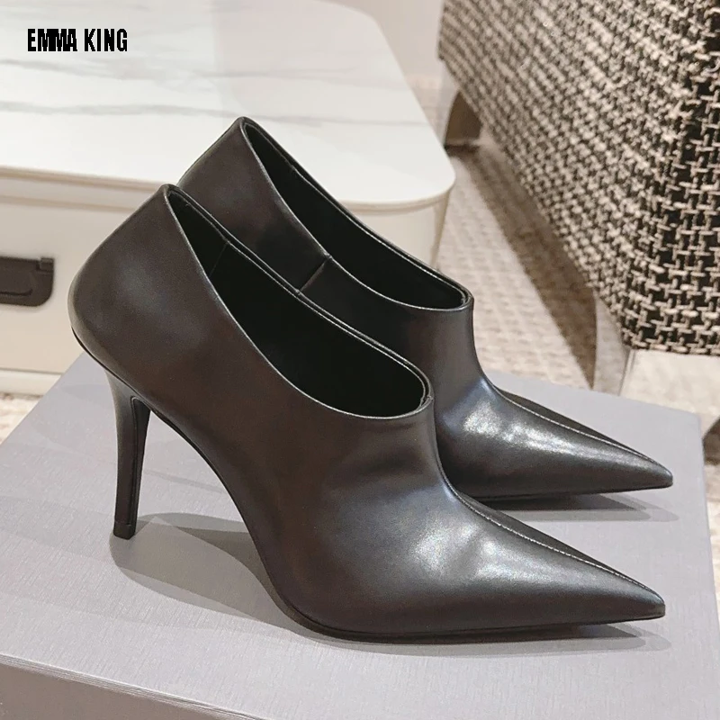 

2023 Classics Winter Shoes Thin Heels Black Boots Pointed Toe Women Ankle Boots/Mid calf boots Leather