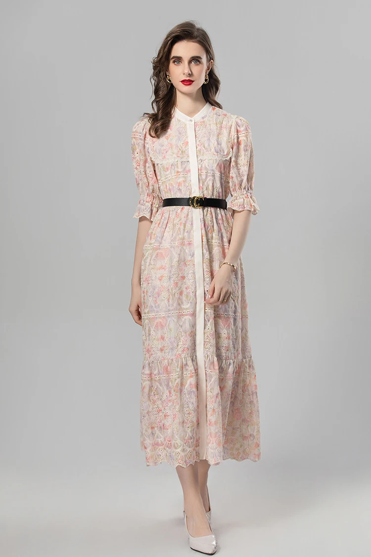 

SEQINYY Elegant Midi Dress Summer Spring New Fashion Design Women Runway Vintage Pink Flower Embroidery A-Line Holiday Belt