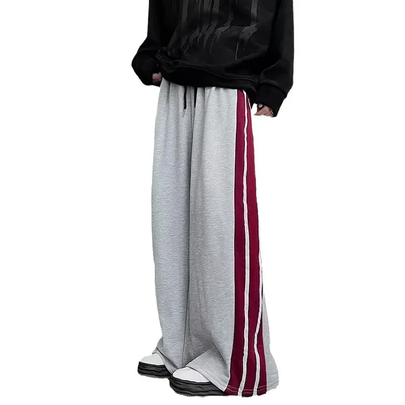 

Men Full Length Pant Wide Leg Casual Pants Pockets Striped Drawstring Spliced Casual Spring Sports 2025 New Patchwork Loose