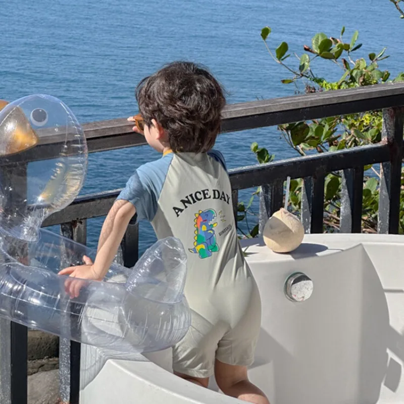 Bañador de una pieza para niños, traje de baño de manga corta con cremallera a prueba de sol, traje de surf de dinosaurio de dibujos animados, traje de baño para niños pequeños