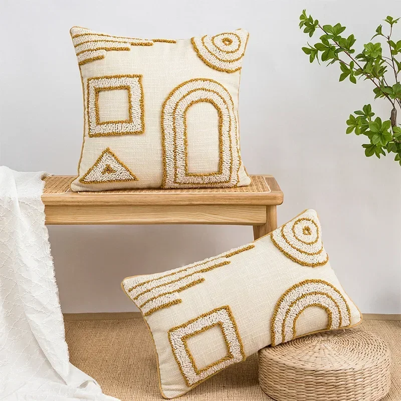 Sofa Ethnic Decoration Pillowcase Cover Cushion 45x45cm/ With Pillow Home Beige Pompom 30x50cm Geometric Embroidery Boho