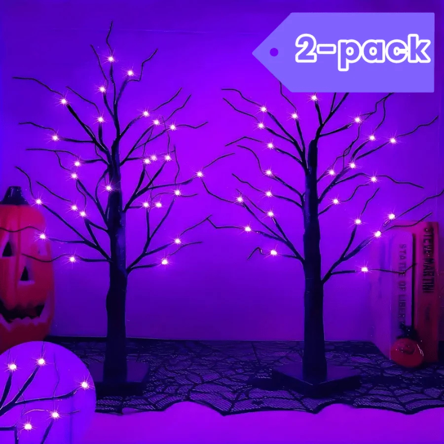 2-Pack, 2 Feet. 24 LED Ghost Tree Lights, Horror Black Orange, Purple, Halloween Decorations, Battery-Powered Desktop Light Tree, Suitable For Indoor And Outdoor Decorations, Home Decoration, Halloween Party Supplies