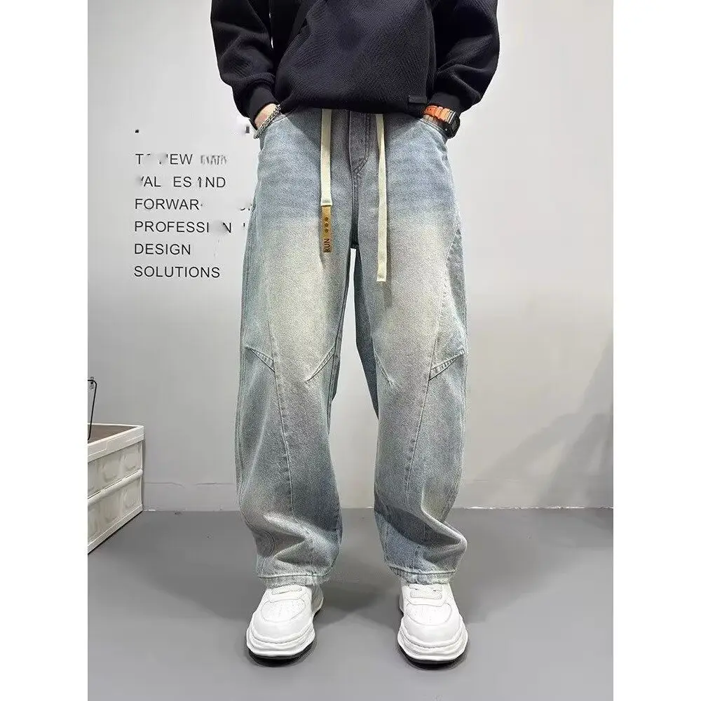 

Light Blue Men's Jeans Straight Loose Retro Waed Patchwork Wide Leg Pants Trendy Brand Autumn Season Polyester Cotton Blend