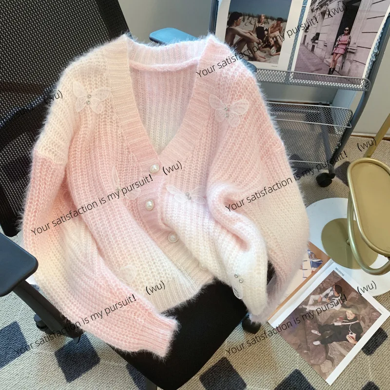 Spring and Autumn Women's Sweater Jacket Three-dimensional Butterfly Korean Version Gentle Segment Dyed Knitted Cardigan