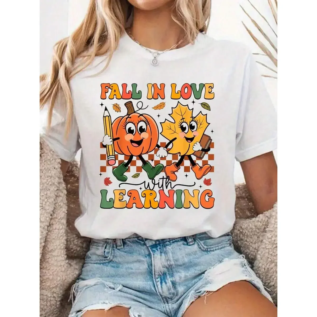100% Halloween Fall In Love With Learning Thanksgiving Teacher Student T-Shirt shirts women