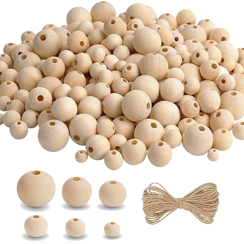 

500Pcs Wooden Beads With Jute Twine For Crafts,Different Sizes Wood Beads For Making DIY Wood Bead Garland,Home Decor