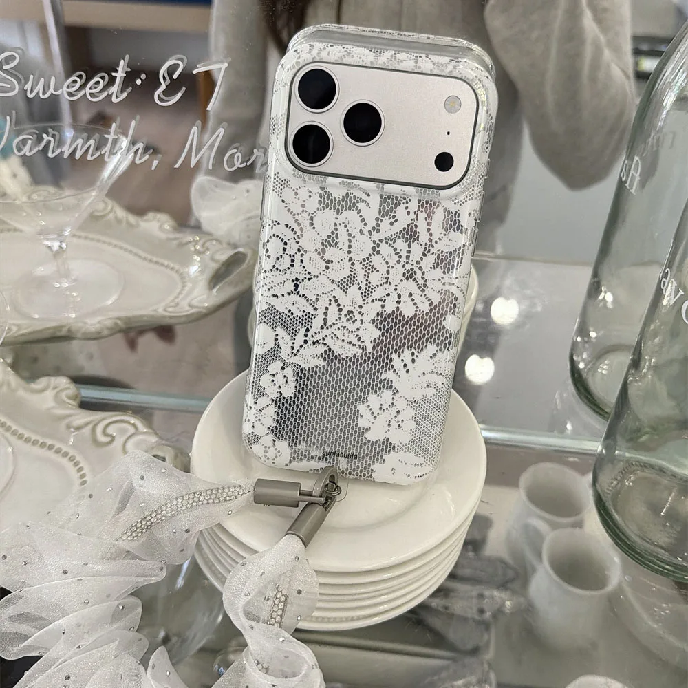 Elegant White Lace Floral Phone Case For iPhone 15 16 17 Pro Max Silver Glitter Base Detachable Shockproof Cover For Women