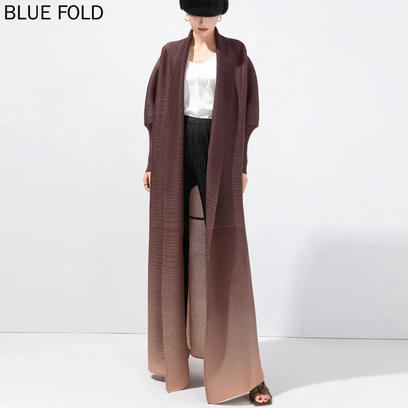 MIYAKE-Pleated Trench Coat for Women Fashionable and Loose-Fitting Printed Gradient Lapel Bat Sleeves Long Trench Coat High-end