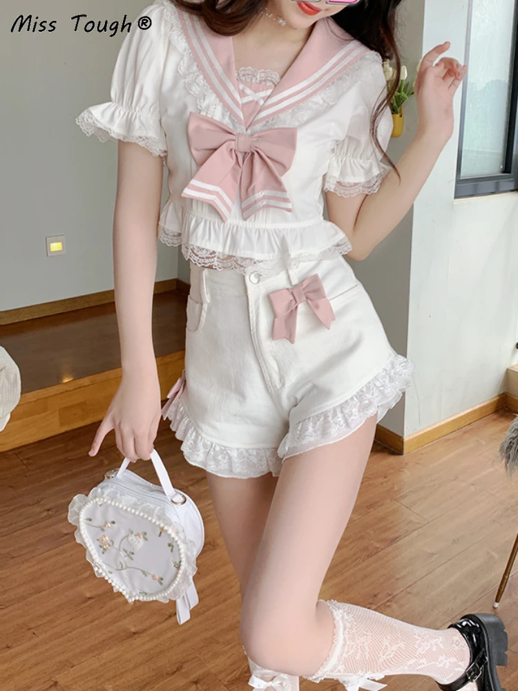 Summer Lace Kawaii Sweet Blouse Women 2022 Bow Korean Fashion Cute Blouse Female Puff Sleeve Japanese College Style Casual Tops