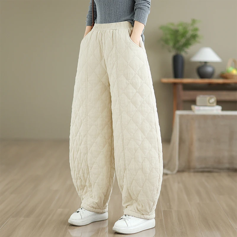 Women's Winter Thickened Cotton-Polyester Blend Thermal Lantern Pants Vintage Stitched Cotton Fleece Diamond Pattern Trousers