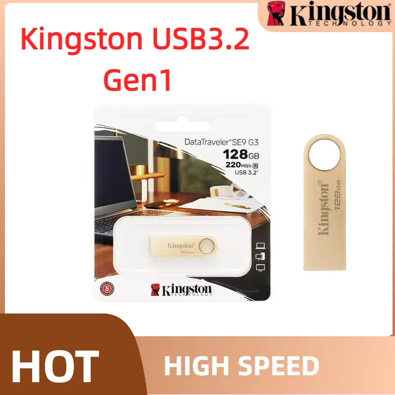 

Kingston Flash Drive DataTraveler SE9 USB3.2 Gen1 64GB 128GB 256GB 512GB Metal Gold Pen Drive Up to 220Mb/s U Disk Pendrive