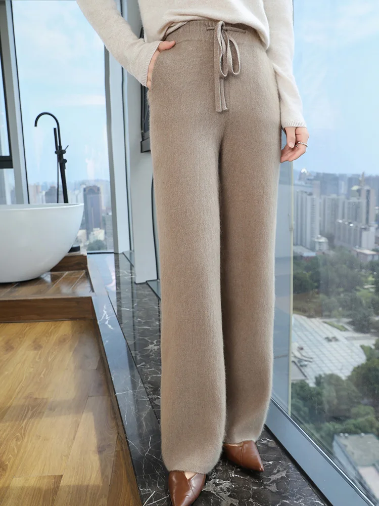 Women’s Cashmere Trousers Elastic Waist Wide Leg Pants Autumn Winter 100% Mink Cashmere Knitwear Pockets Casual Drawstring Pants